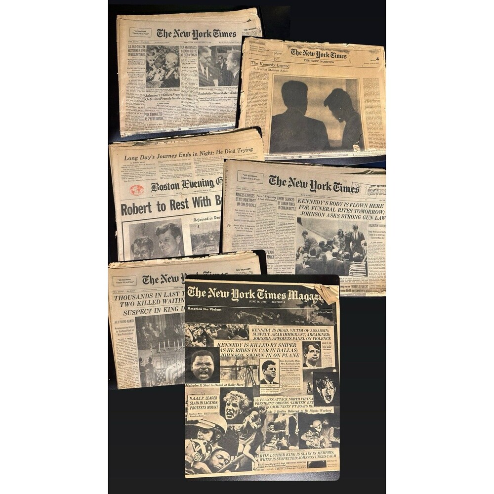 LOT OF 6-Robert F. Kennedy Assassination Newspapers- NY Times, Boston Globe 1968